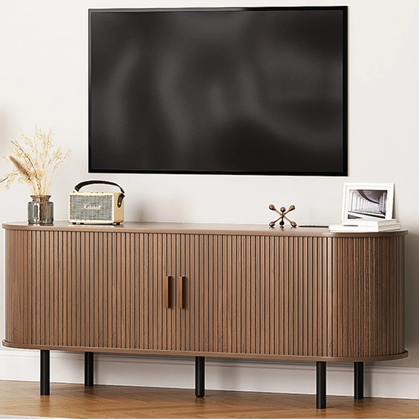 TV Stand Living Room Furniture with Power Outlet for TVs up to 60/70",TV Table with Sliding Doors Storage Adjustable Shelves