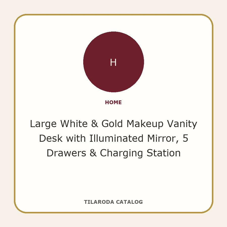 Large White & Gold Makeup Vanity Desk with Illuminated Mirror, 5 Drawers & Charging Station